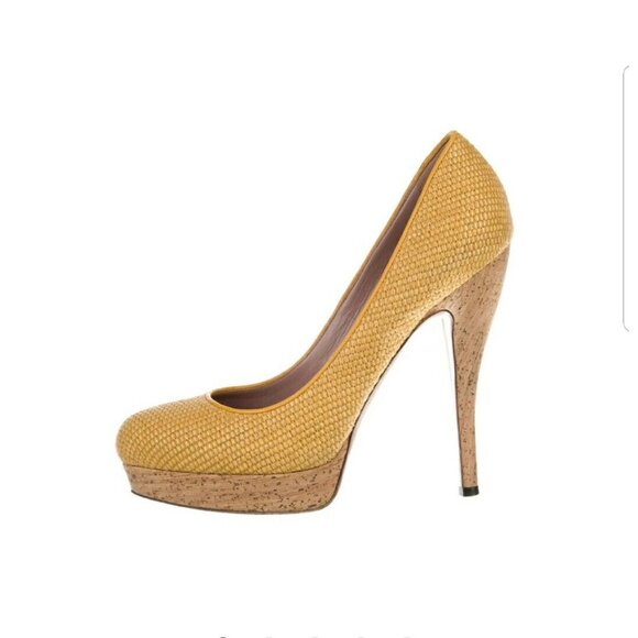 Gucci Bumblebee Woven Cork Platform Pump Stiletto Almond Round Toe Yellow US 7.5 - Picture 1 of 10